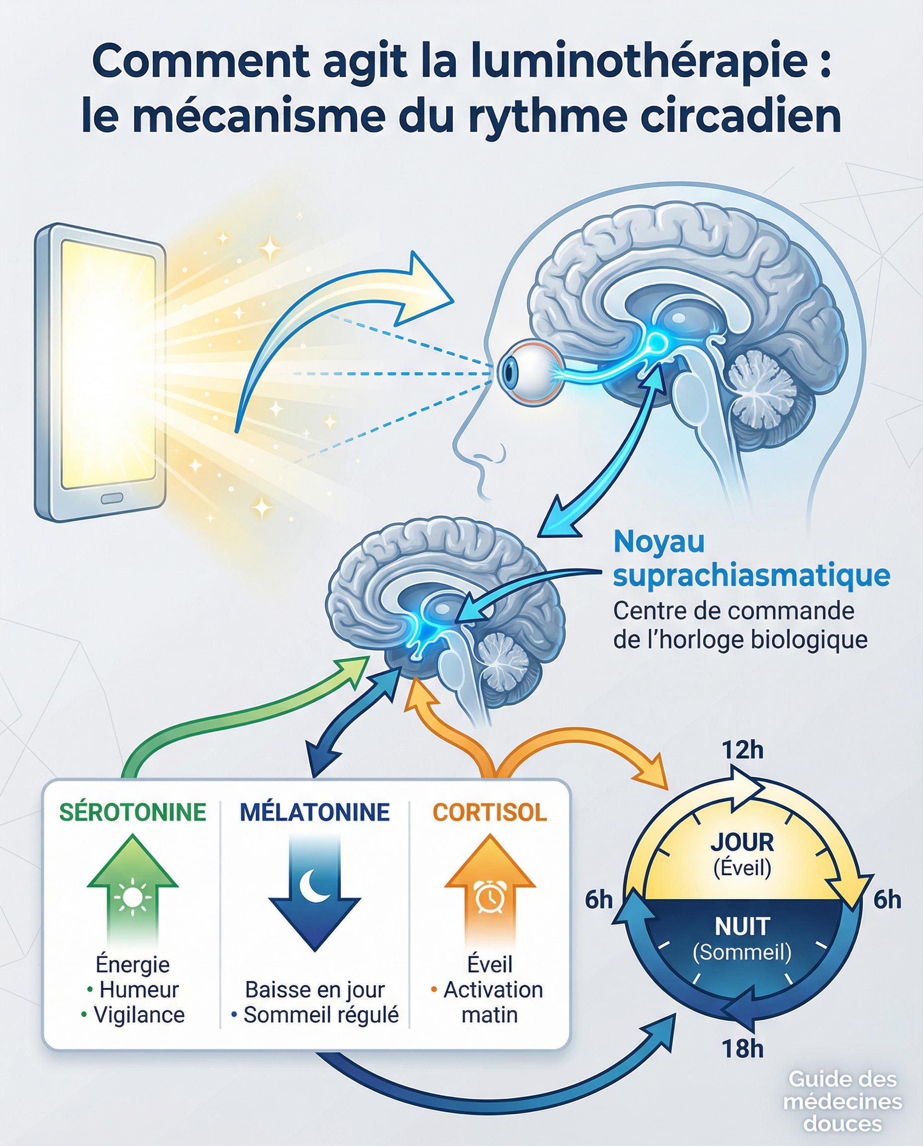 Infographie du mécanisme d'action de la luminothérapie sur le rythme circadien